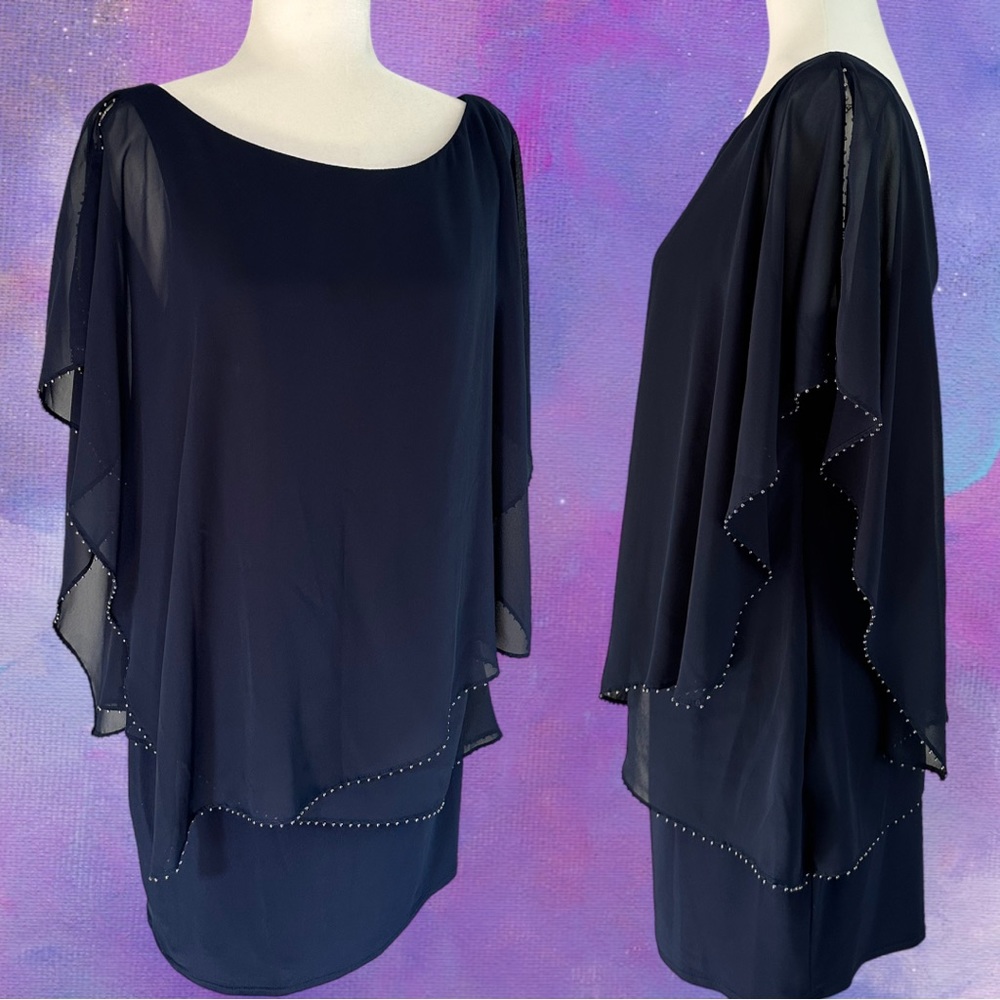Laundry by Shelli Segal Draped Blue Chiffon Studded Stretch Shift Dress Size 8 - Picture 2 of 10